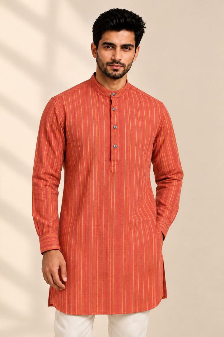 Translation missing: en.Rust Orange &amp; Mustard Striped Cotton Slub Kurta