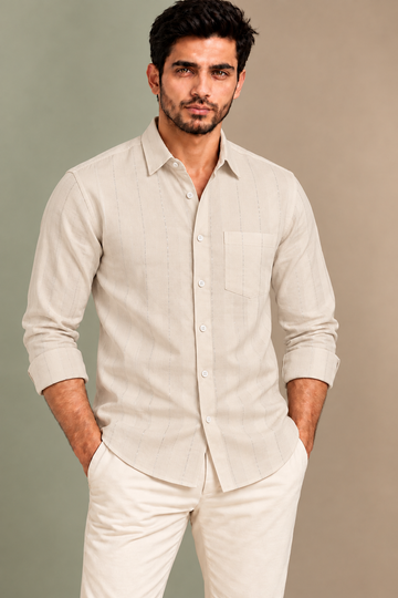 Translation missing: en.Ivory Premium Cotton Shirt with Silver Lurex Stripes