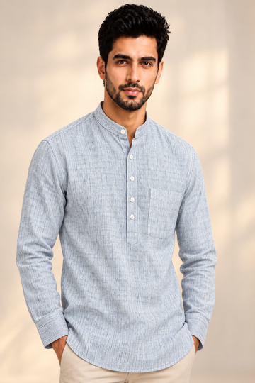 Translation missing: en.Icy Blue Vertical Pinstriped Linen Cotton Super Short Kurta