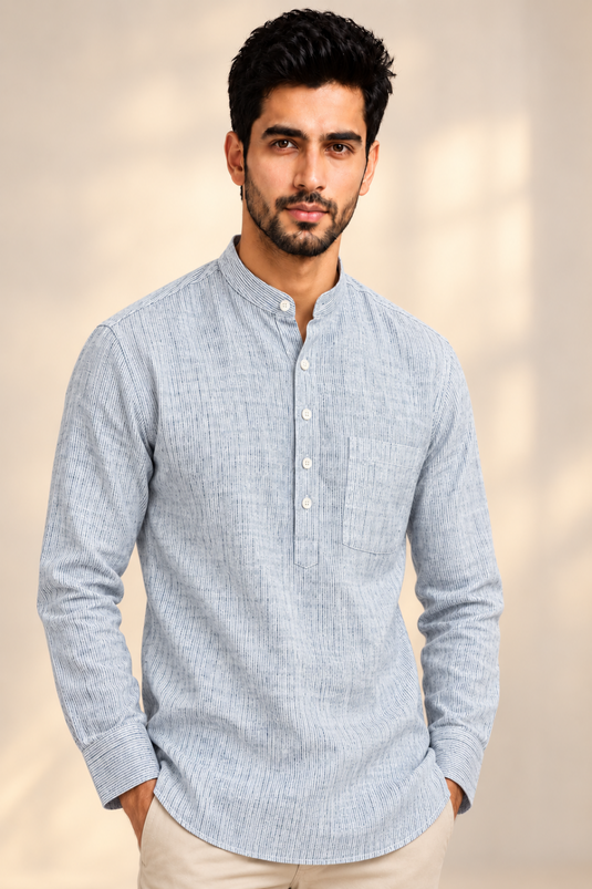 Translation missing: en.Icy Blue Vertical Pinstriped Linen Cotton Super Short Kurta