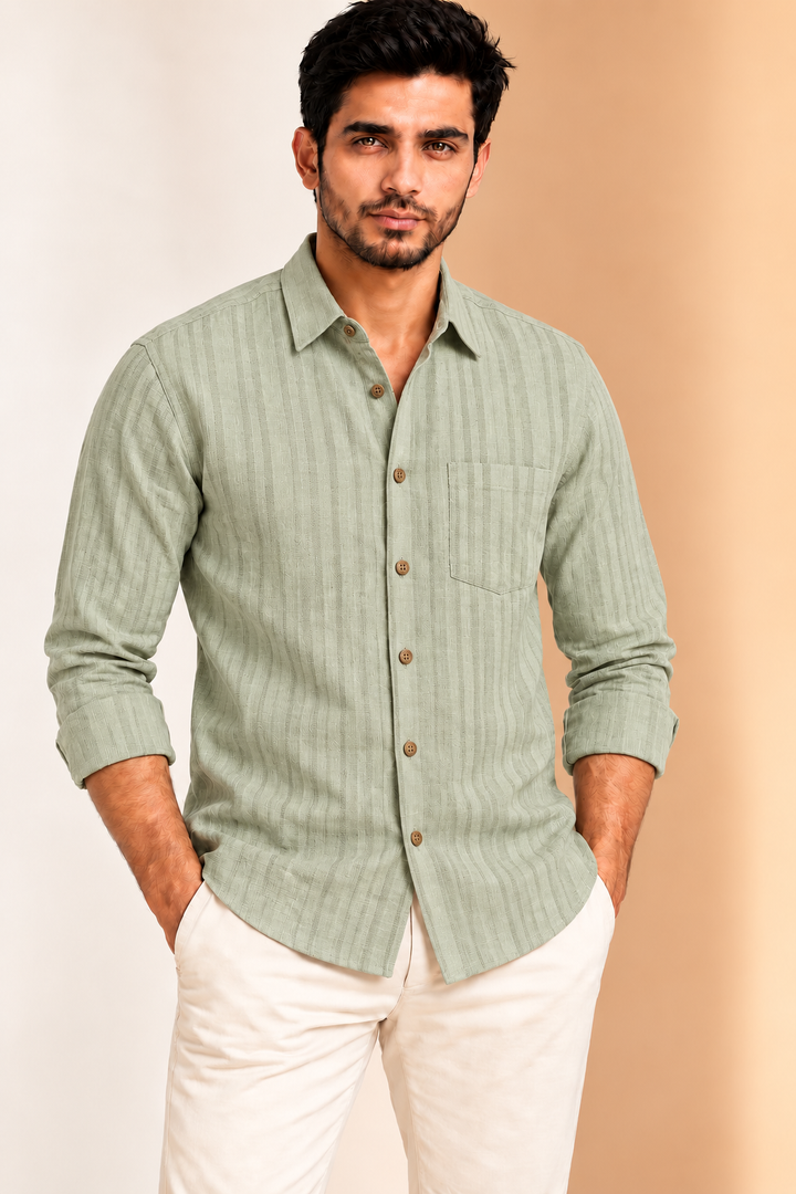 Translation missing: hi.Sage Green Textured Striped Linen Cotton Shirt