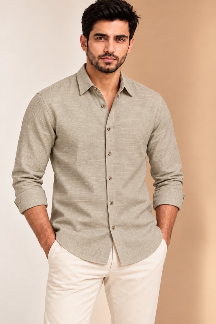 Translation missing: hi.Warm Greige Textured Linen Cotton Shirt