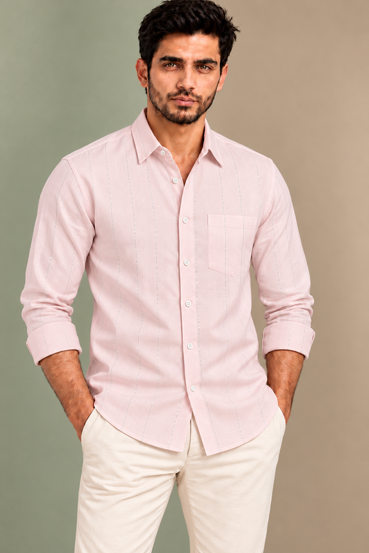 Translation missing: en.Ivory Premium Cotton Shirt with Silver Lurex Stripes