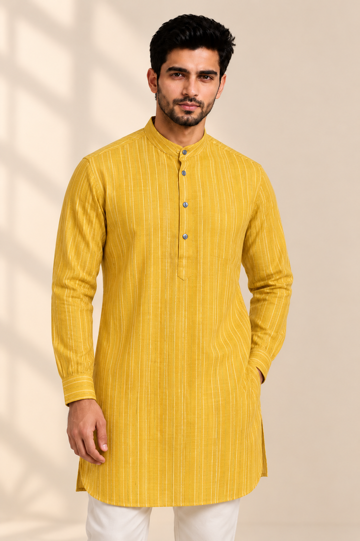 Translation missing: en.Rust Orange &amp; Mustard Striped Cotton Slub Kurta
