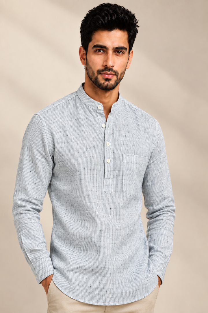Translation missing: en.Light Grey &amp; Charcoal Micro-Pinstriped Linen Cotton Super Short Kurta