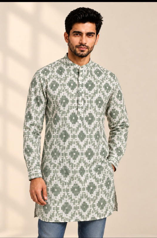 Translation missing: en.Sage Green Geometric Ikat Printed Cotton Slub Kurta