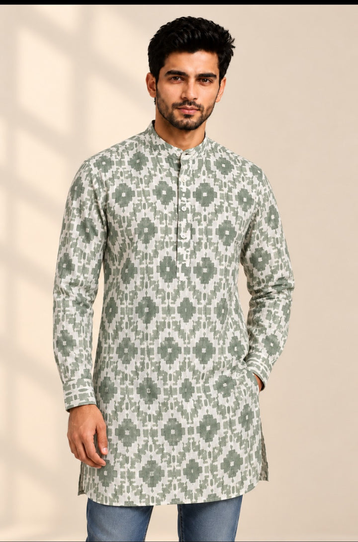 Translation missing: en.Sage Green Geometric Ikat Printed Cotton Slub Kurta