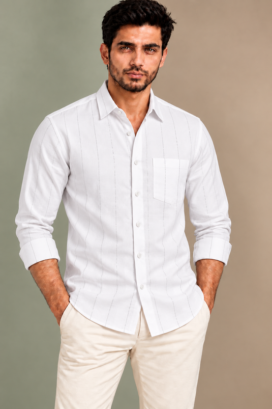 Translation missing: en.Ivory Premium Cotton Shirt with Silver Lurex Stripes