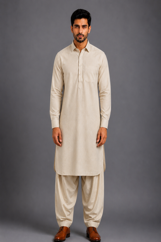 Translation missing: hi.Beige Linen Cotton Pathani Kurta Set