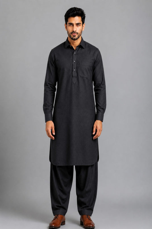 Translation missing: en.Black Linen Cotton Pathani Kurta Set