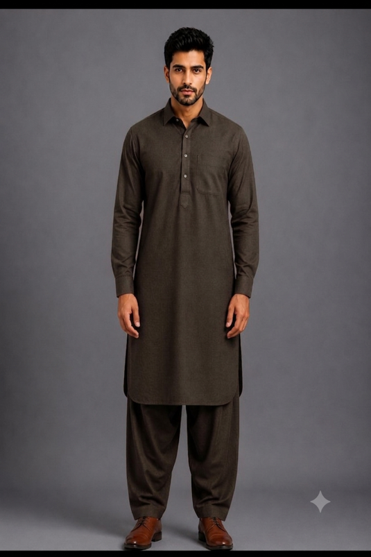 Translation missing: en.Dark Earthy Brown Linen Cotton Pathani Kurta Set