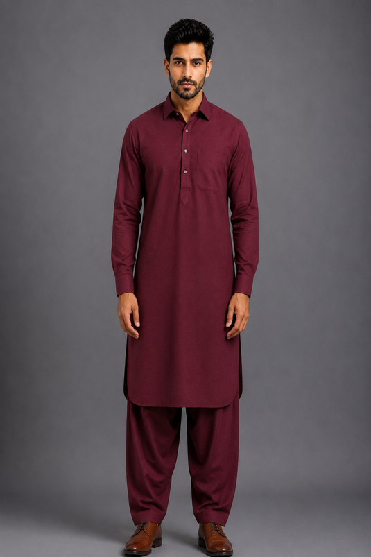 Translation missing: en.Red Berry Linen Cotton Pathani Kurta Set