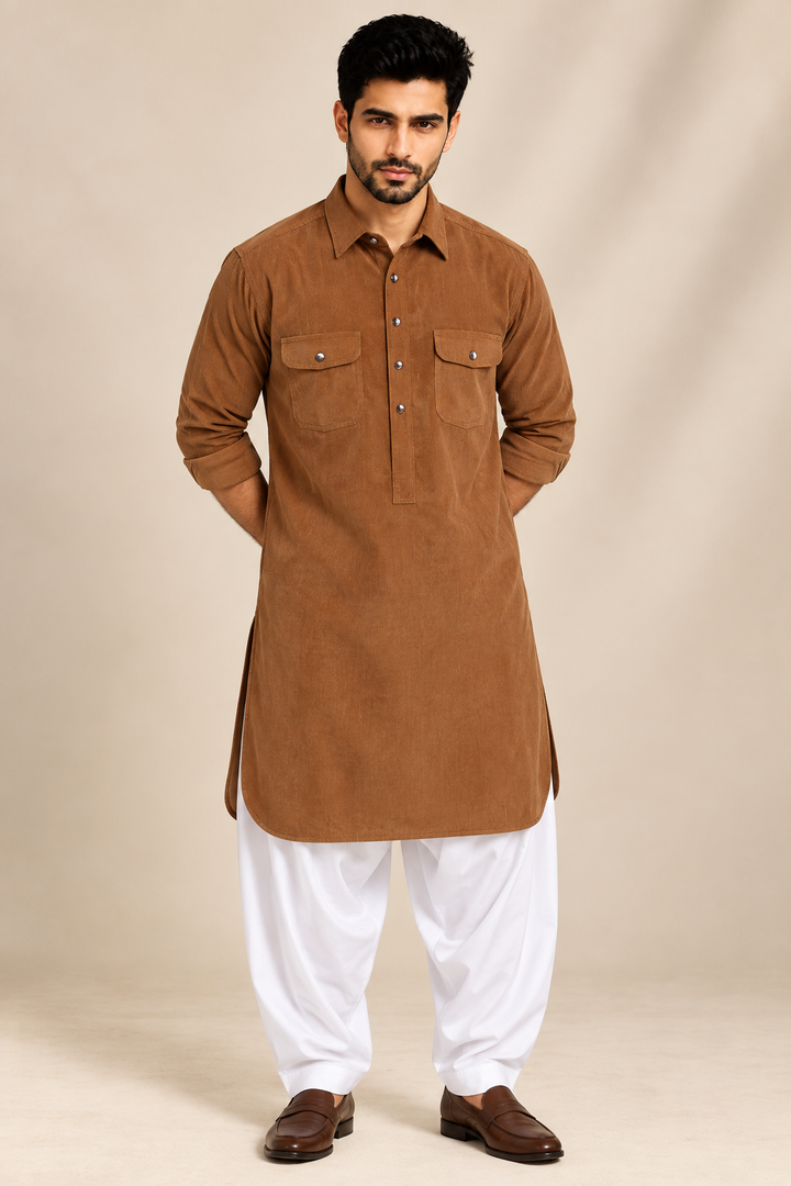 Translation missing: en.Caramel Brown Corduroy Pathani Kurta White Salwar Set