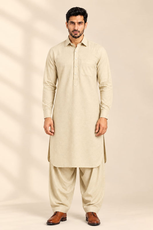 Translation missing: en.Cream Beige Cotton Slub Pathani Kurta Set