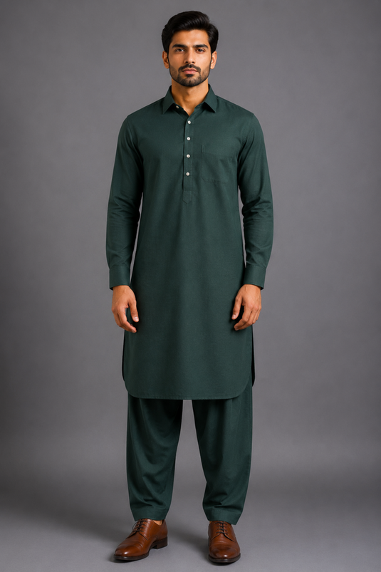 Translation missing: en.Forest Green Linen Cotton Pathani Kurta Set