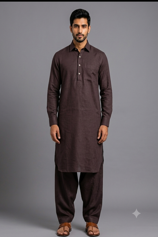 Translation missing: hi.Chocolate Brown Linen Cotton Pathani Kurta Set