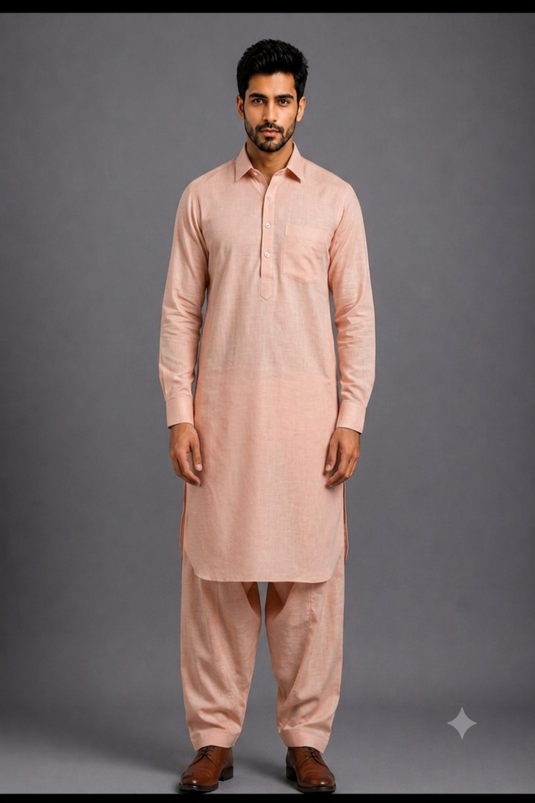 Translation missing: en.Soft Peach Linen Cotton Pathani Kurta Set