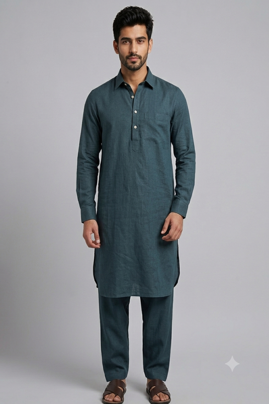 Translation missing: en.Teal Blue Linen Cotton Pathani Kurta Set