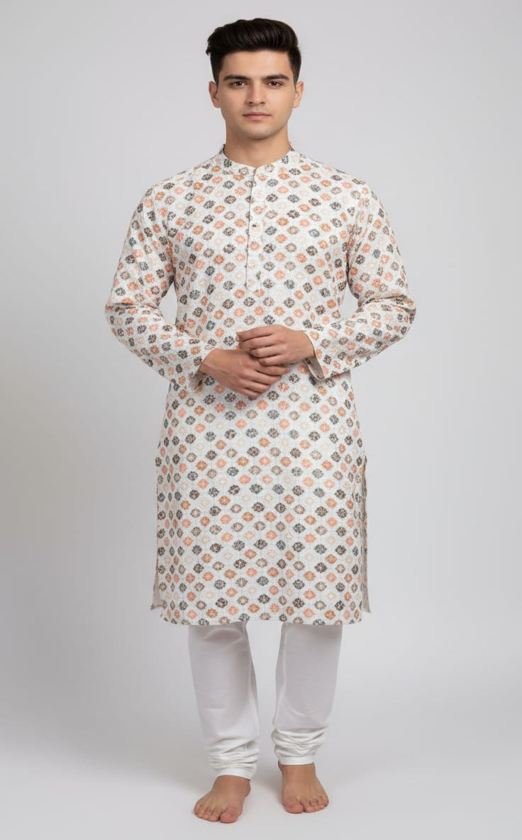Chikankari Kurta with White Pant Cut Pajama