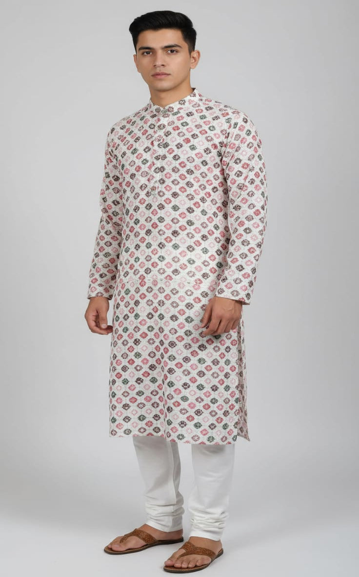Chikankari Kurta with White Pant Cut Pajama