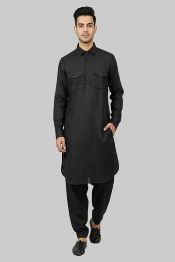 Translation missing: en.Men's Linen Cotton Black Pathani Kurta Set