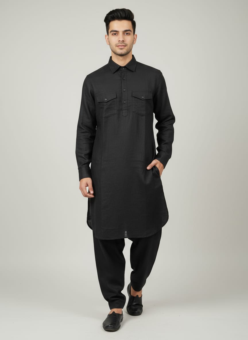 Men's Linen Black Pathani Kurta Set