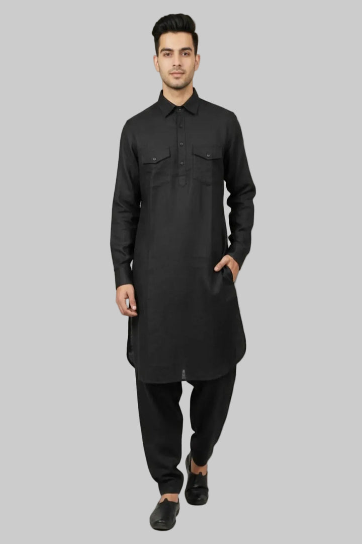 Translation missing: en.Men's Linen Cotton Black Pathani Kurta Set
