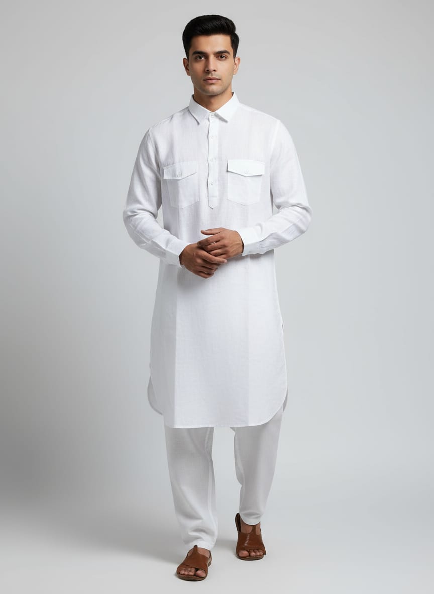 Men's Linen White Pathani Kurta Set