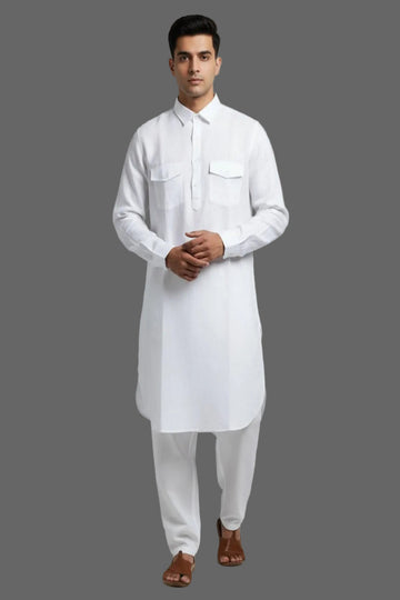 Translation missing: en.Men's Linen Cotton White Pathani Kurta Set
