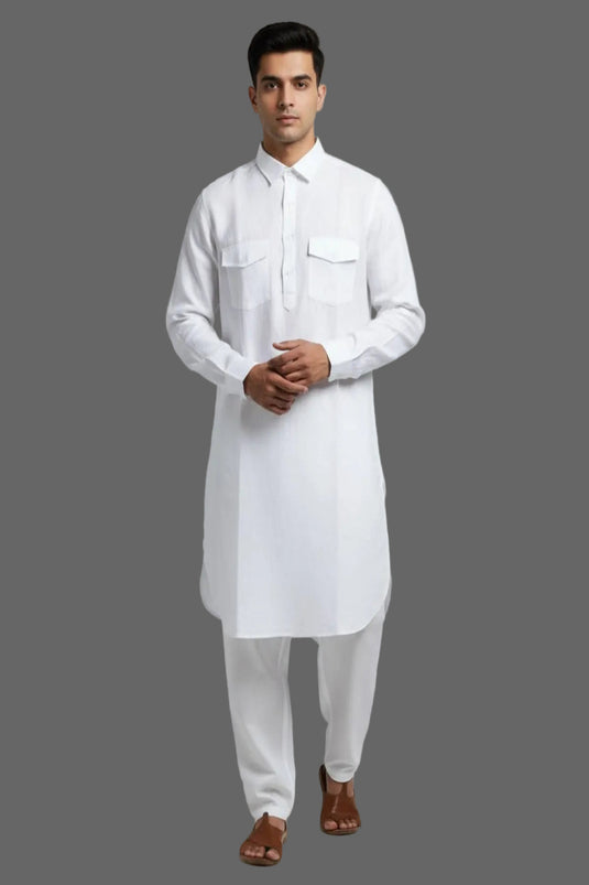 Translation missing: en.Men's Linen Cotton White Pathani Kurta Set