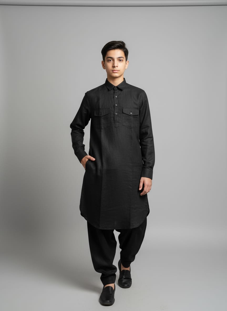 Kids Linen Black Pathani Kurta Set