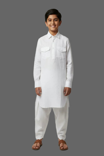 Translation missing: en.Kids Linen Cotton White Pathani Kurta Set