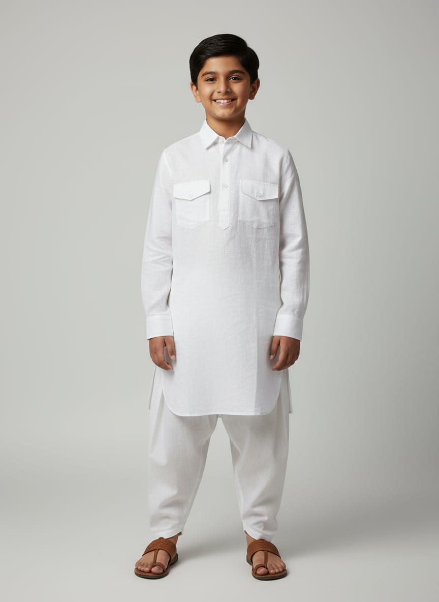 Kids Linen White Pathani Kurta Set