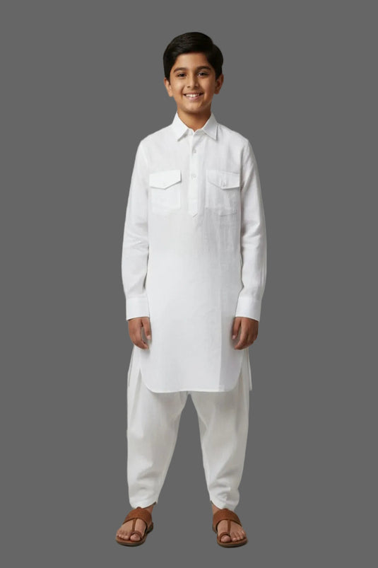 Translation missing: en.Kids Linen Cotton White Pathani Kurta Set