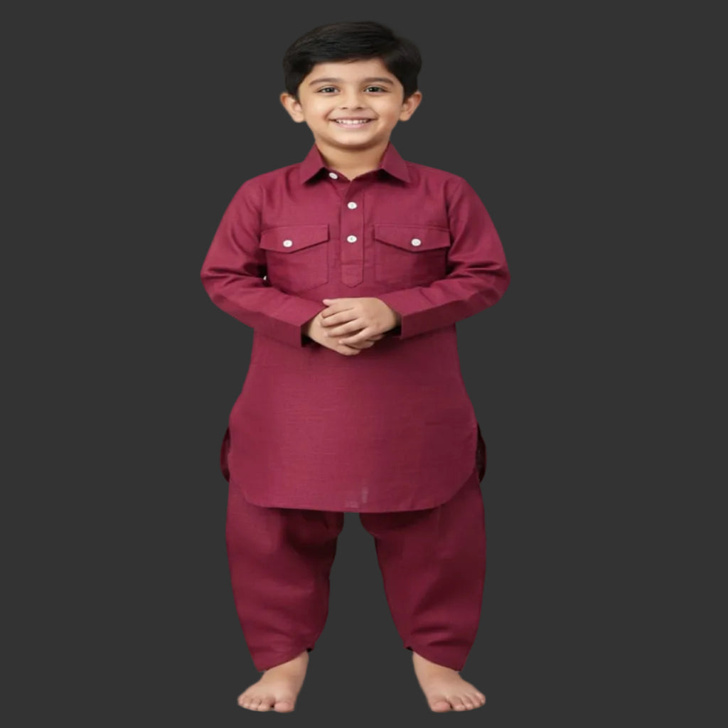 Kids Linen Red Wine Pathani Kurta Set