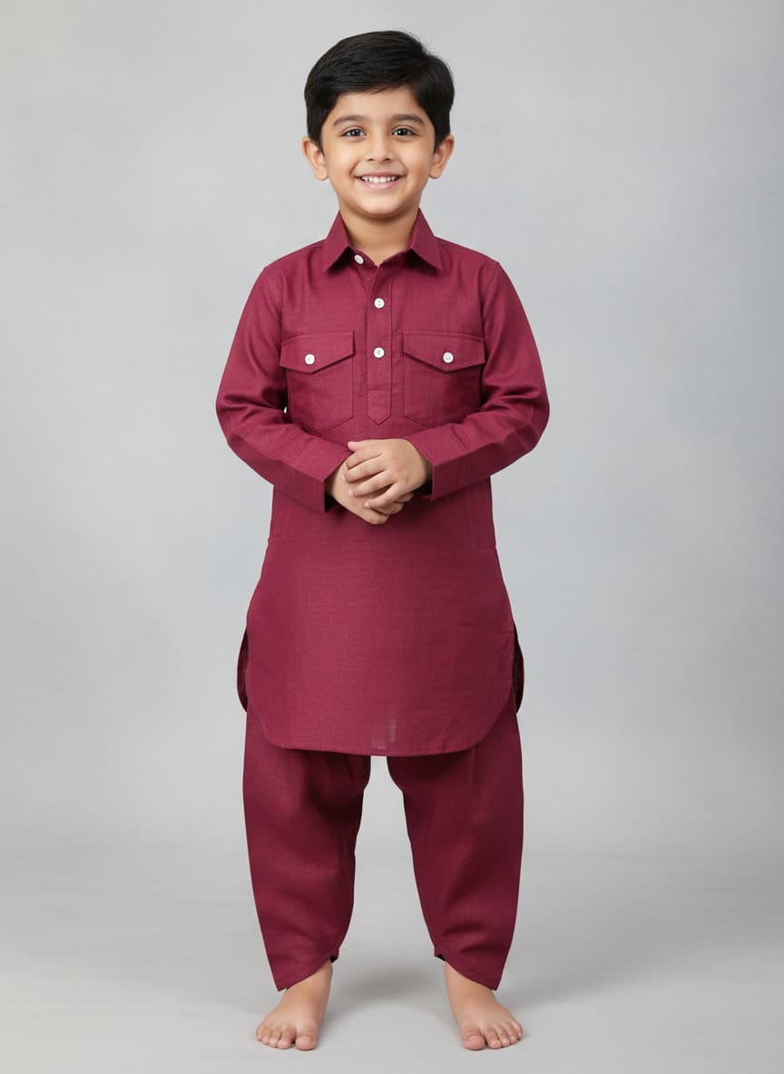 Kids Linen Red Wine Pathani Kurta Set
