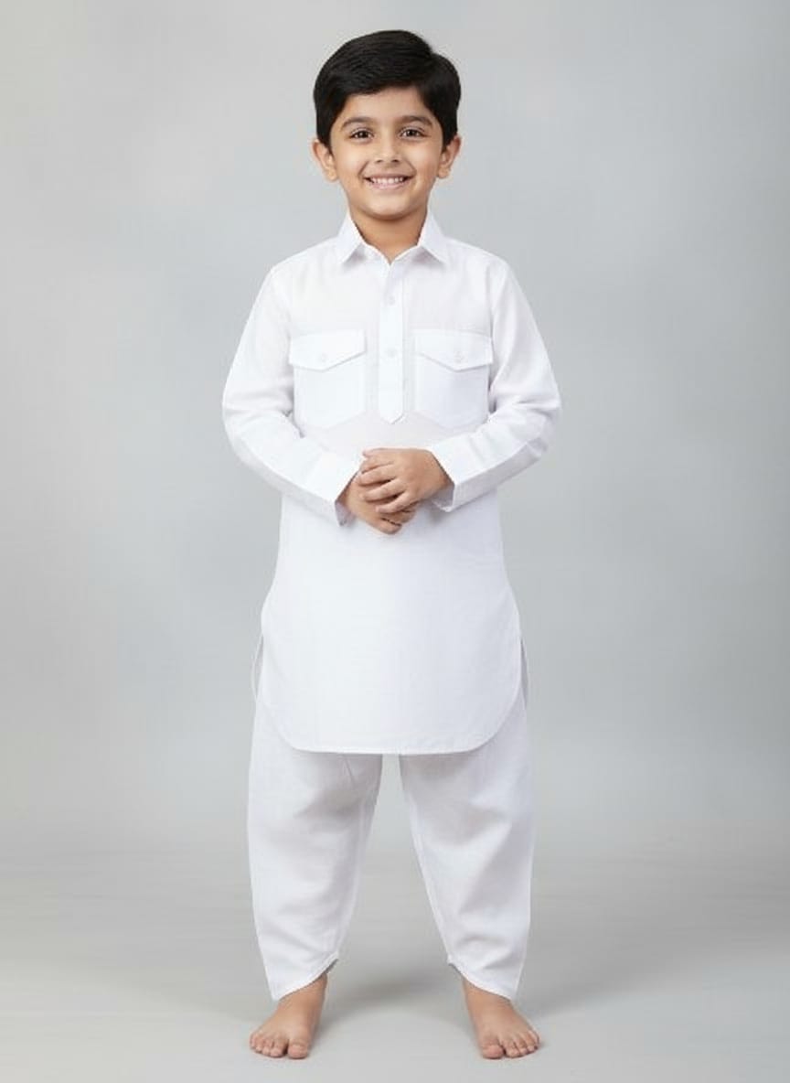 Kids Linen white Pathani Kurta Set