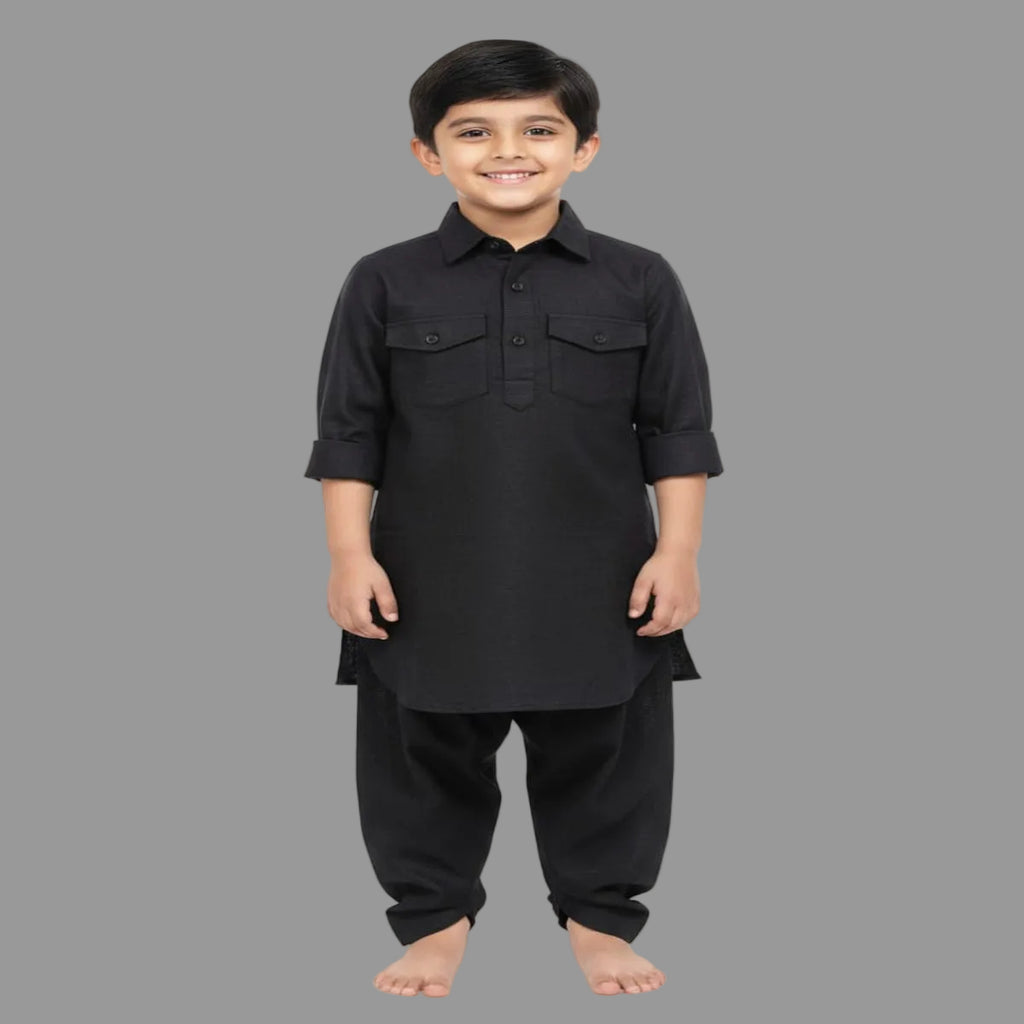 Kids Linen Black Pathani Kurta Set