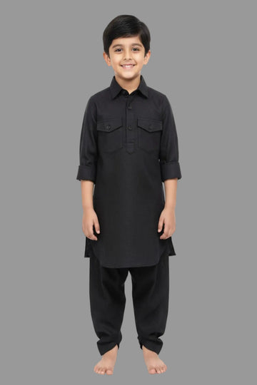 Translation missing: en.Kids Linen Cotton Black Pathani Kurta Set