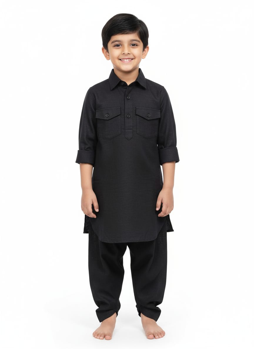 Kids Linen Black Pathani Kurta Set