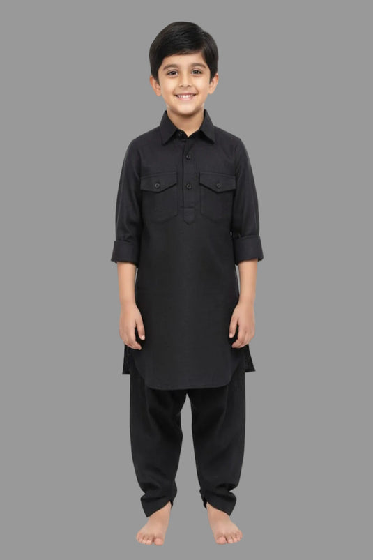 Translation missing: en.Kids Linen Cotton Black Pathani Kurta Set