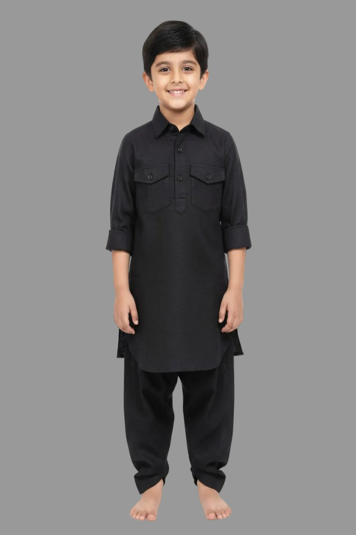 Translation missing: en.Kids Linen Cotton Black Pathani Kurta Set