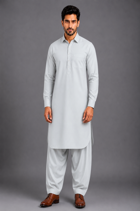 Translation missing: en.Light Ice Grey Bamboo Cotton Pathani Kurta Set