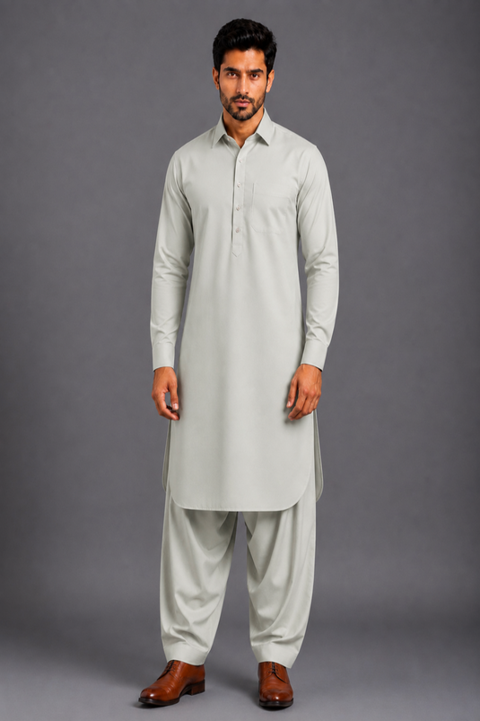 Translation missing: en.Light Slate Grey Bamboo Cotton Pathani Kurta Set