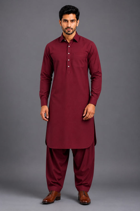 Translation missing: en.Maroon Bamboo Cotton Pathani Kurta Set