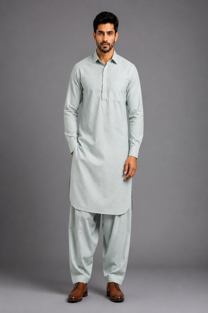 Translation missing: en.Mint Green Linen Cotton Pathani Kurta Set