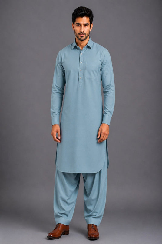 Translation missing: en.Muted Steel Blue Bamboo Cotton Pathani Kurta Set