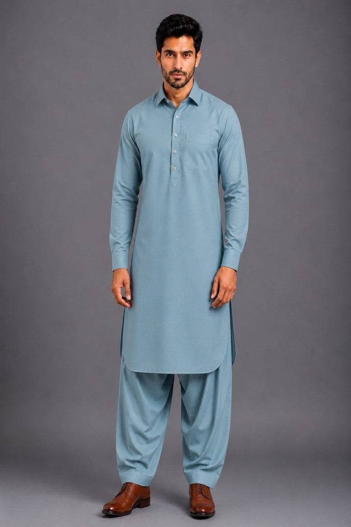 Translation missing: en.Muted Steel Blue Bamboo Cotton Pathani Kurta Set