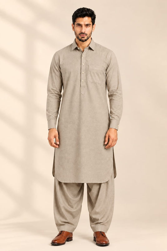 Translation missing: en.Muted Taupe Cotton Slub Pathani Kurta Set