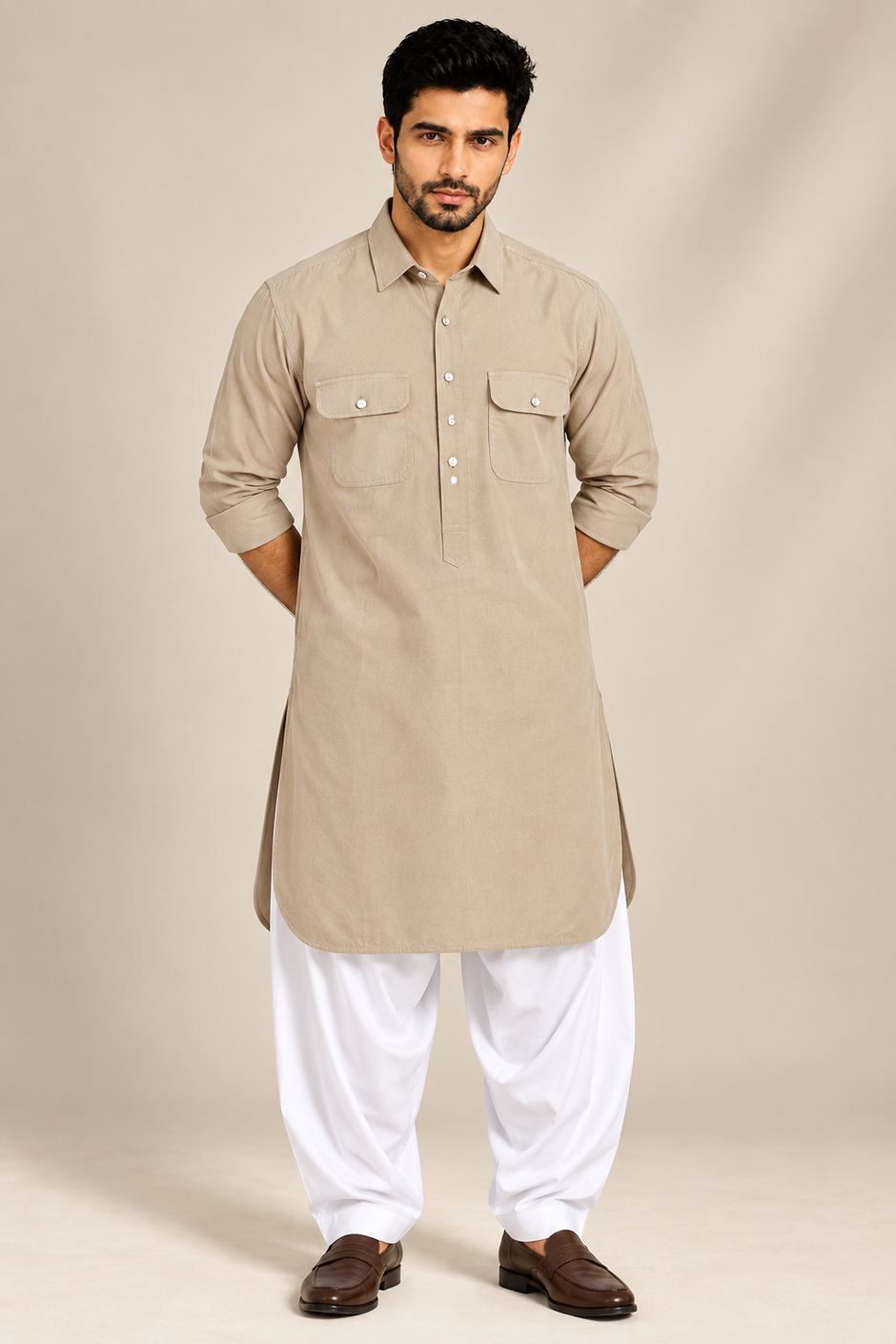 Translation missing: en.Muted Taupe Corduroy Pathani Kurta White Salwar Set